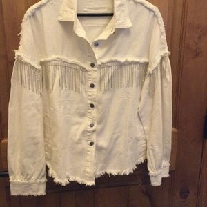 Denim Cream Jacket with Fringe Rhinestone Detail